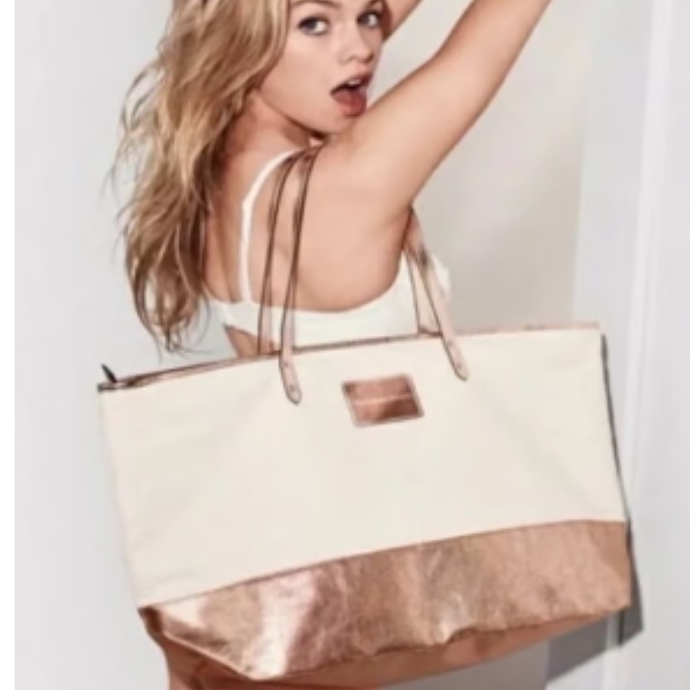 Victoria's Secret Cotton Canvas Tote Bag Travel Beach Bag Rose Gold  And…